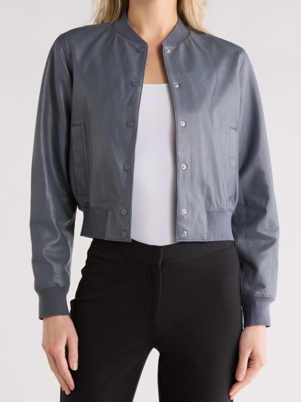 AllSaints Slate Blue Leather Bomber Jacket
